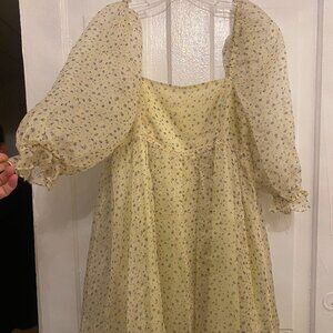 Storia Yellow Floral Sheer Puff Sleeve Mini Dress